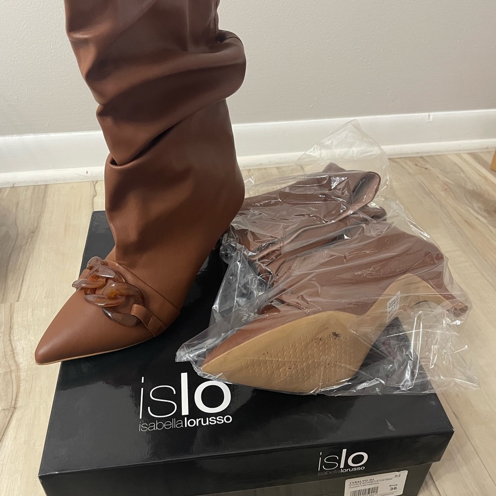 New-islo-Brown Pointed Toe Chain-Trim Knee Boots